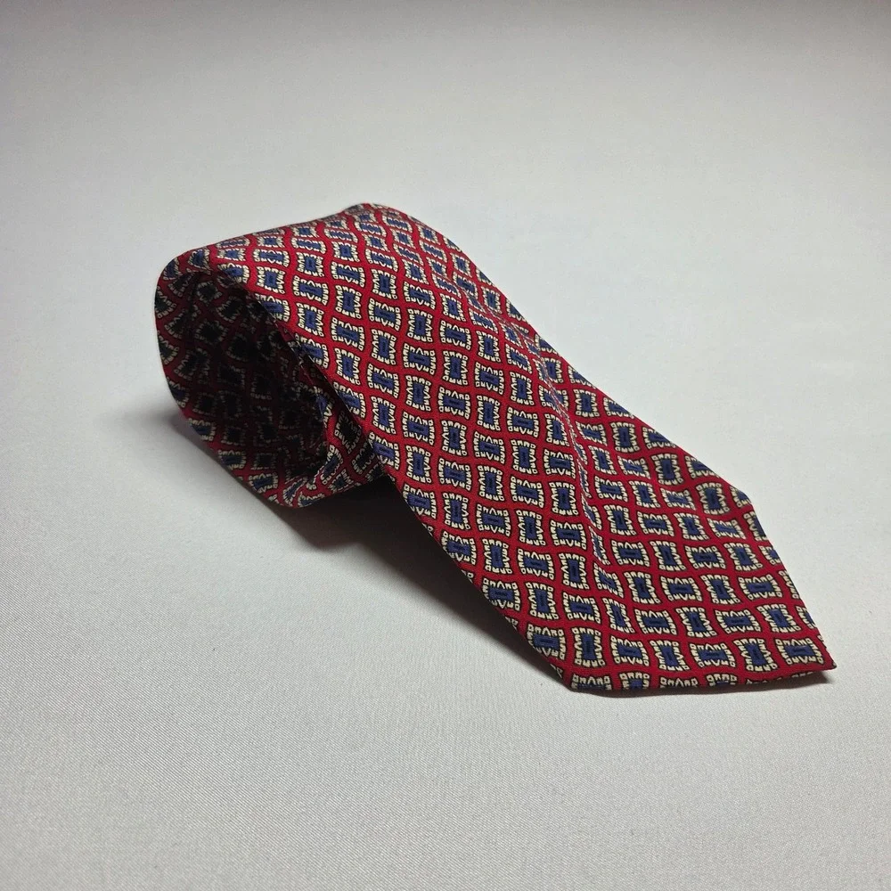Polo Ralph Lauren Mark Shale Silk Tie Mens Vintage Red Blue Geometric‎ USA Made